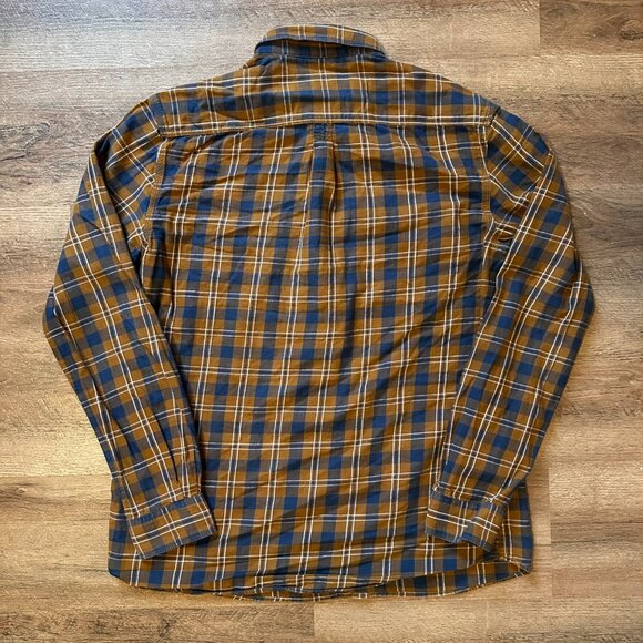 Basics Casual Button Down Mens Medium Brown Navy Plaid Dress Flannel Shirt - Picture 2 of 6